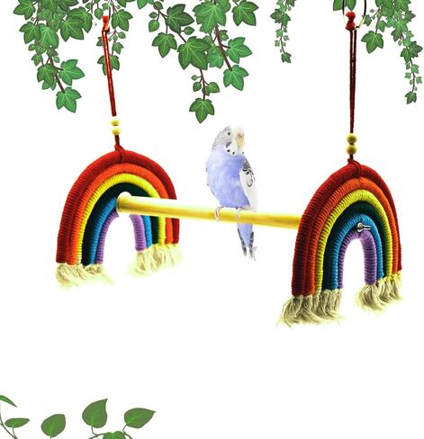 لعبة قوس قوس قزح الببغاء الأرجوحة - كتلة خفاف آمنة ودائمة للطيور الصغيرة والكبيرة - تقلب المنقار والأظافر ، ملحق قفص الطيور المرح والوظيفي (الخشب الطبيعي) in Kuwait