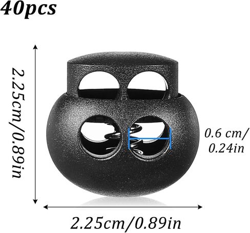 40 pcs Black Plastic Spring Cord Lock Double Hole Round Ball Fastener Lock End Toggle Stopper Elastic Cord Adjuster for Drawstring Lanyard Paracord Elastic Bungee Shock Rope Shoelace Tie in Saudi Arabia