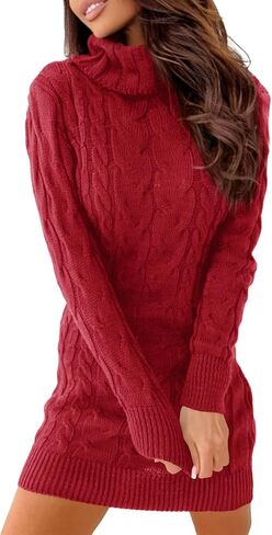 Langwyqu Womens Cable Knit Sweater Dress Sexy Long Sleeve Bodycon Turtleneck Mini Fall Sweaters Dresses in Saudi Arabia