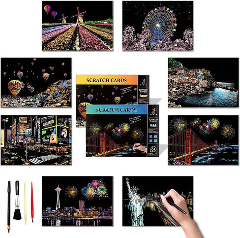 DESINIK Rainbow Scratch Painting Art for Adults & Kids -Scratch Painting Foil Art for Adults & Kids, Scratchboard Kit(A4) with 4 Tools & 8 Sheets, Creative Gift Idea for Holidays(America&Europe) in Kuwait