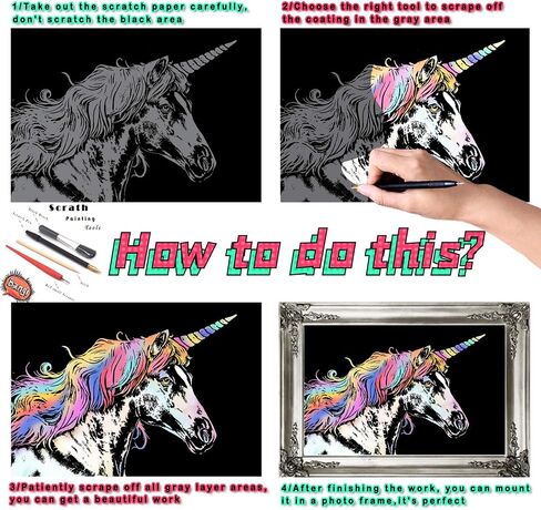 DESINIK Rainbow Scratch Painting Art for Adults & Kids -Scratch Painting Foil Art for Adults & Kids, Scratchboard Kit(A4) with 4 Tools & 8 Sheets, Creative Gift Idea for Holidays(America&Europe) in Kuwait
