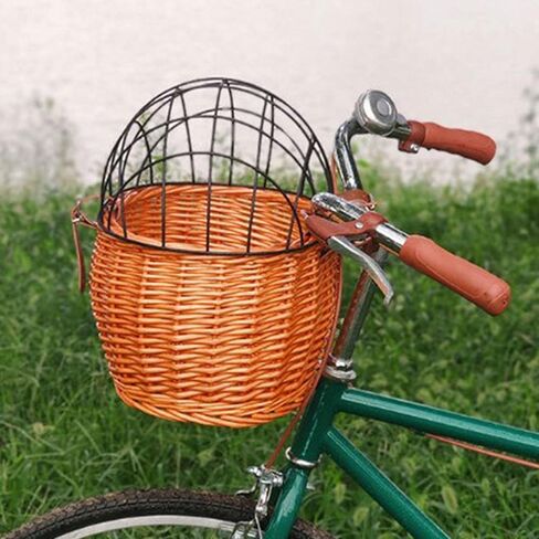 Pet Basket,Wicker Basket for Small Dogs Cats Pet Carrier Front Basket with Wire Mesh Cover (Honey Color) in Saudi Arabia