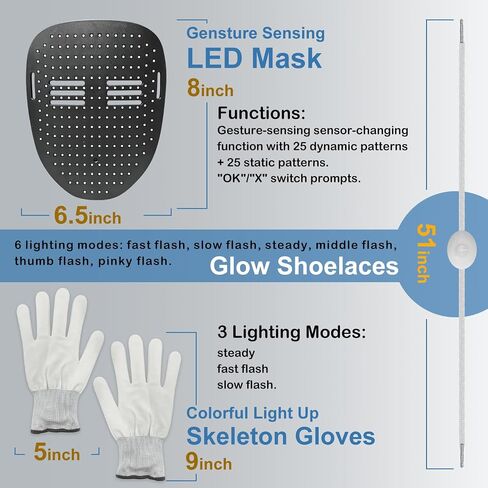 3 حزمة Halloween LED Mask مع استشعار الإيماءات ، والضوء الملون قفازات الهيكل العظمي وأرباح توهج لملحقات الأزياء Cosplay Cosplay Assume in Saudi Arabia