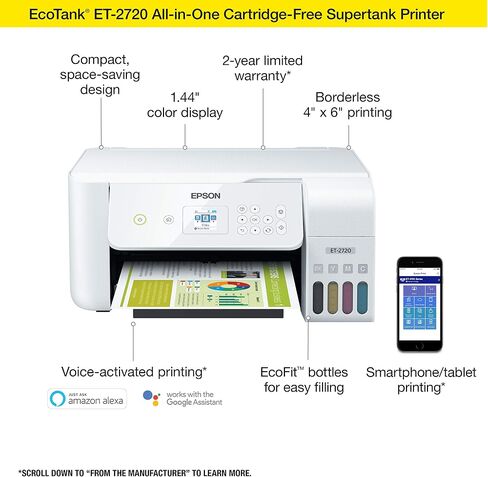 Epson Ecotank ET-2720 اللاسلكي اللون اللاسلكي All-in-واحد Supertank Printer مع الماسح الضوئي والناسخ-أبيض in Saudi Arabia