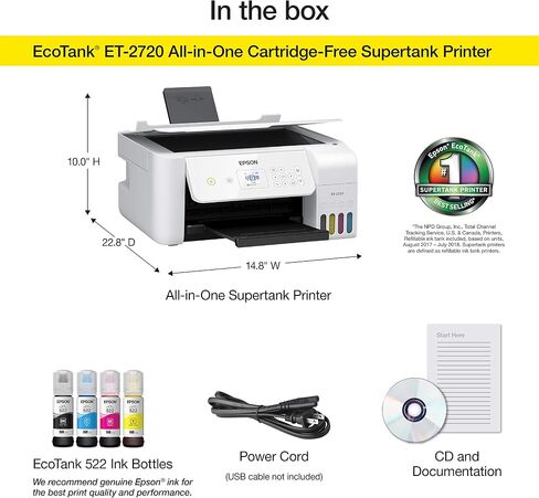Epson Ecotank ET-2720 اللاسلكي اللون اللاسلكي All-in-واحد Supertank Printer مع الماسح الضوئي والناسخ-أبيض in Saudi Arabia