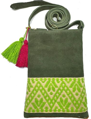 Crossbody "Angelica", made by Jühue Artesanal, Made in Mexico, Green bag, handembroidery, unique piece, Embroidered bag, Mexican embroidery, Handmade, Suede Crossbody, Crossbody embroidery in Saudi Arabia