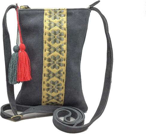 Crossbody "Angelica", made by Jühue Artesanal, Made in Mexico, Grey bag, handembroidery, unique piece, Embroidered bag, Mexican embroidery, Handmade, Suede Crossbody, Crossbody embroidery in Saudi Arabia
