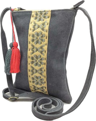 Crossbody "Angelica", made by Jühue Artesanal, Made in Mexico, Grey bag, handembroidery, unique piece, Embroidered bag, Mexican embroidery, Handmade, Suede Crossbody, Crossbody embroidery in Saudi Arabia