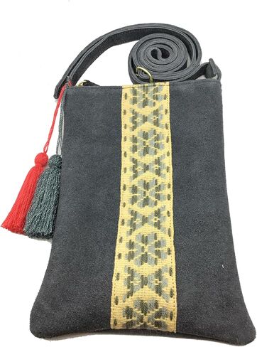 Crossbody "Angelica", made by Jühue Artesanal, Made in Mexico, Grey bag, handembroidery, unique piece, Embroidered bag, Mexican embroidery, Handmade, Suede Crossbody, Crossbody embroidery in Saudi Arabia