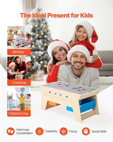 طاولة النشاط الخشبية القابلة للعكس من Vevor Kids ، طاولة تشغيل متعددة الأغراض مع 200 من الطوب المباني و 3 صناديق تخزين للأطفال 3+ سنوات ، مساحة تخزين كبيرة ، حاضرة للبنين والبنات ، الطبيعة in Kuwait