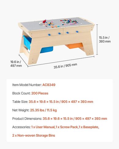 طاولة النشاط الخشبية القابلة للعكس من Vevor Kids ، طاولة تشغيل متعددة الأغراض مع 200 من الطوب المباني و 3 صناديق تخزين للأطفال 3+ سنوات ، مساحة تخزين كبيرة ، حاضرة للبنين والبنات ، الطبيعة in Kuwait