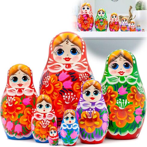 AEVVV Nesting Dolls Set of 7 pcs - Classic Russian Dolls in Sarafan Dress with Bouquet of Bellflowers and Lilies - Matryoshka Dolls with Flower Decorations in Saudi Arabia
