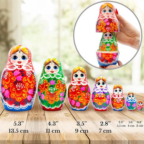 AEVVV Nesting Dolls Set of 7 pcs - Classic Russian Dolls in Sarafan Dress with Bouquet of Bellflowers and Lilies - Matryoshka Dolls with Flower Decorations in Saudi Arabia