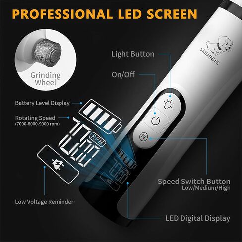 طاحونة Heusom Groom Pro Nail ، مصابيح LED مزدوجة وتعديل 3 سرعات للقطط والكلاب مع بطارية كبيرة 2000 مللي أمبير ، مناسبة للأظافر السميكة (1+1 رأس بديل) in Kuwait
