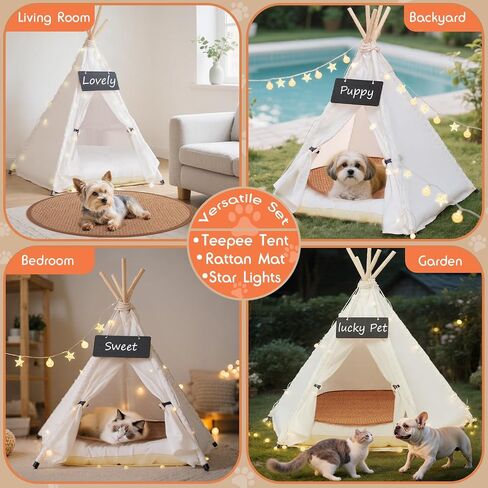 16 "Dog & Cat Teepee Tent +20" Pet Cooling Hap +10ft Star String Light [2-modes] ، وسادة من القطن الراحة الناعمة المضادة للانزلاق (المستخدمة/غسلها بشكل منفصل) in Kuwait