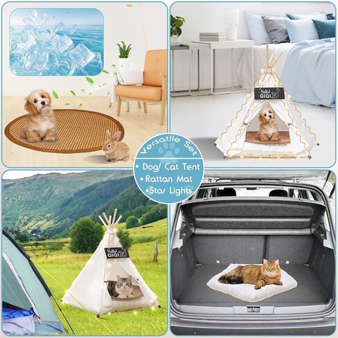 16 "Dog & Cat Teepee Tent +20" Pet Cooling Hap +10ft Star String Light [2-modes] ، وسادة من القطن الراحة الناعمة المضادة للانزلاق (المستخدمة/غسلها بشكل منفصل) in Kuwait