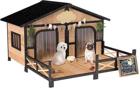 Pawhut Dog House في الهواء الطلق ، وخشب الكلب الخشبي مقاوم للعوامل الجوية مع الشرفة ، والسقف المفتوح ، القاع القابل للإزالة ، أرضية مرتفعة ، غرفة مزدوجة لسلالات صغيرة إلى متوسطة ، رمادي ، رمادي in Saudi Arabia