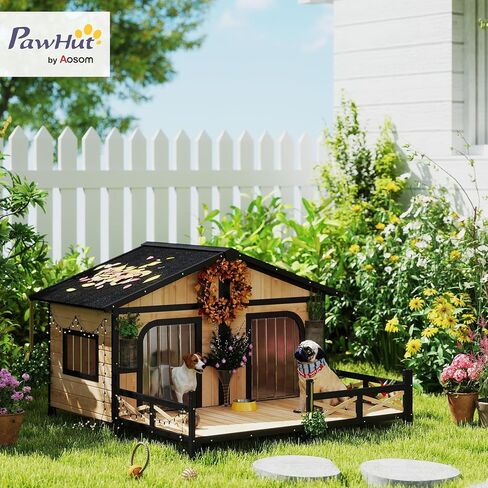 Pawhut Dog House في الهواء الطلق ، وخشب الكلب الخشبي مقاوم للعوامل الجوية مع الشرفة ، والسقف المفتوح ، القاع القابل للإزالة ، أرضية مرتفعة ، غرفة مزدوجة لسلالات صغيرة إلى متوسطة ، رمادي ، رمادي in Saudi Arabia