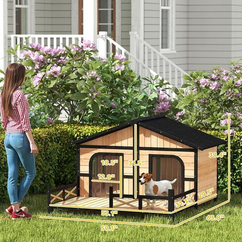 Pawhut Dog House في الهواء الطلق ، وخشب الكلب الخشبي مقاوم للعوامل الجوية مع الشرفة ، والسقف المفتوح ، القاع القابل للإزالة ، أرضية مرتفعة ، غرفة مزدوجة لسلالات صغيرة إلى متوسطة ، رمادي ، رمادي in Saudi Arabia