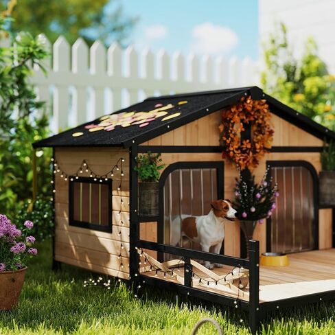 Pawhut Dog House في الهواء الطلق ، وخشب الكلب الخشبي مقاوم للعوامل الجوية مع الشرفة ، والسقف المفتوح ، القاع القابل للإزالة ، أرضية مرتفعة ، غرفة مزدوجة لسلالات صغيرة إلى متوسطة ، رمادي ، رمادي in Saudi Arabia