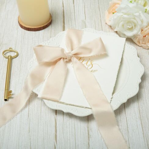 Light Champagne Handmade Fringe Satin Silk Ribbon 1-1/2 inch x 21 Yard Frayed Edges Ribbons for Wedding Invitations, Flower Bouquets, Gifts Wrapping, Bridal Baby Shower Decor, Party Decorations in Kuwait
