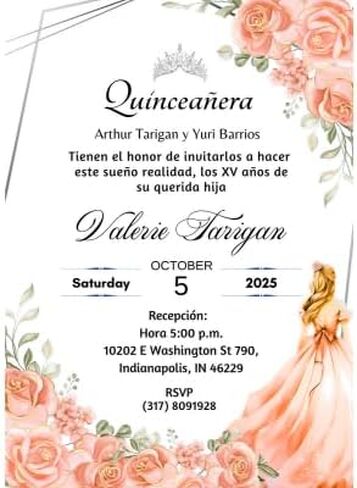 Invitaciones de Quinceañera Personalizadas - 20 Tarjetas Con Sobres - Diseño Color Coral Con Flores - XV Años - Mis Quince - Fiesta de 15 Elegante in Saudi Arabia