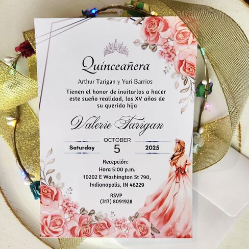 Invitaciones de Quinceañera Personalizadas - 20 Tarjetas Con Sobres - Diseño Color Coral Con Flores - XV Años - Mis Quince - Fiesta de 15 Elegante in Saudi Arabia