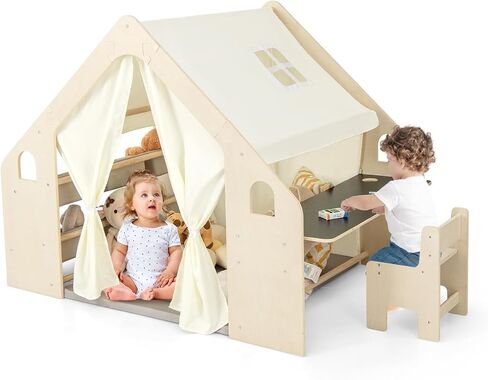 Costzon Kids Tent و 6 in-1 Play Frame Play House مع طاولة وكرسي ، ولوح الأسود ، وحقيبة التخزين الجانبية ، وسجادة الأرضية الناعمة ، والمسرح الداخلي للبنين الفتيات الذين تتراوح أعمارهم بين 2 و 6 سنوات in Kuwait