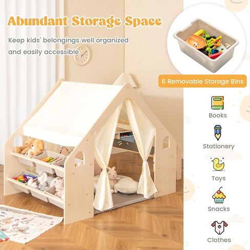 Costzon Kids Tent و 6 in-1 Play Frame Play House مع طاولة وكرسي ، ولوح الأسود ، وحقيبة التخزين الجانبية ، وسجادة الأرضية الناعمة ، والمسرح الداخلي للبنين الفتيات الذين تتراوح أعمارهم بين 2 و 6 سنوات in Kuwait