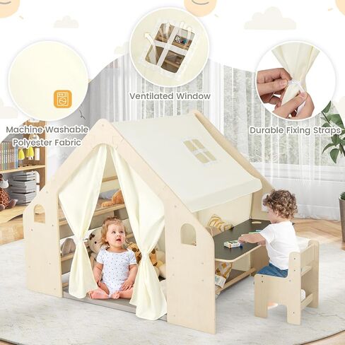 Costzon Kids Tent و 6 in-1 Play Frame Play House مع طاولة وكرسي ، ولوح الأسود ، وحقيبة التخزين الجانبية ، وسجادة الأرضية الناعمة ، والمسرح الداخلي للبنين الفتيات الذين تتراوح أعمارهم بين 2 و 6 سنوات in Kuwait