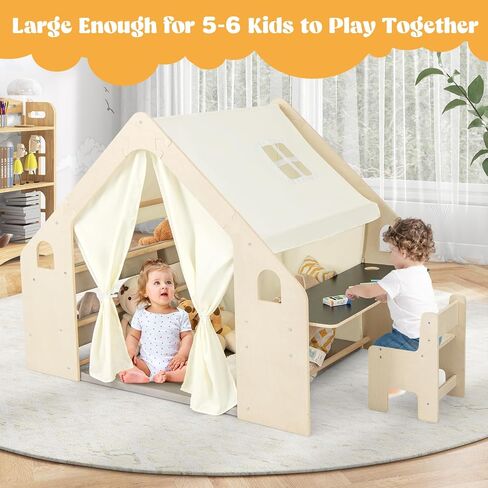 Costzon Kids Tent و 6 in-1 Play Frame Play House مع طاولة وكرسي ، ولوح الأسود ، وحقيبة التخزين الجانبية ، وسجادة الأرضية الناعمة ، والمسرح الداخلي للبنين الفتيات الذين تتراوح أعمارهم بين 2 و 6 سنوات in Kuwait