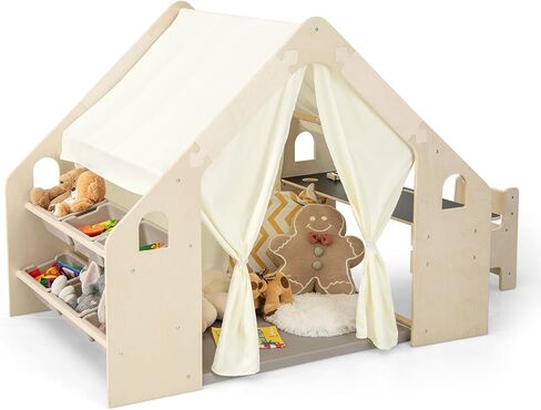 Costzon Kids Tent و 6 in-1 Play Frame Play House مع طاولة وكرسي ، ولوح الأسود ، وحقيبة التخزين الجانبية ، وسجادة الأرضية الناعمة ، والمسرح الداخلي للبنين الفتيات الذين تتراوح أعمارهم بين 2 و 6 سنوات in Kuwait