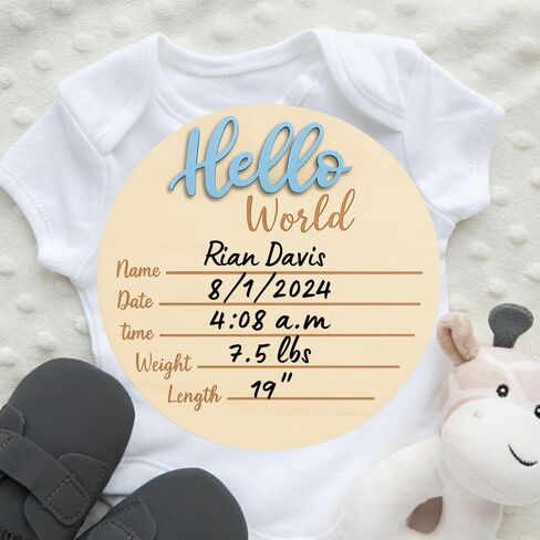 KEMINA BLANKETS Wooden Baby Announcement Sign for Newborn, Large 6 inch Hello World Newborn Name Sign for Hospital Birth Announcement, Newborn Photography Props for Boys and Girls in Kuwait