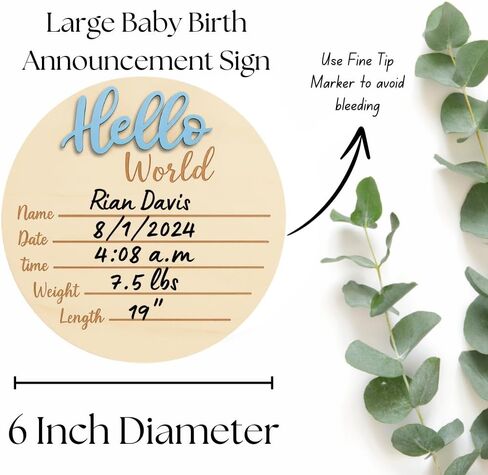 KEMINA BLANKETS Wooden Baby Announcement Sign for Newborn, Large 6 inch Hello World Newborn Name Sign for Hospital Birth Announcement, Newborn Photography Props for Boys and Girls in Kuwait
