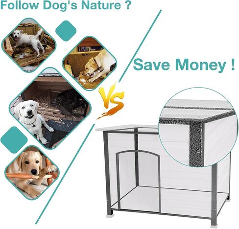 Indoor Outdoor Dog House,Anti-Chewing Iron Frame Dog Kennel,Wood Warm Pets Home,Weatherproof Outside Shelter for Feral Animal 33.5" (L) X 22" (W) X 25.2" (H) Grey in Kuwait