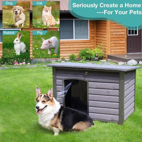 Indoor Outdoor Dog House,Anti-Chewing Iron Frame Dog Kennel,Wood Warm Pets Home,Weatherproof Outside Shelter for Feral Animal 33.5" (L) X 22" (W) X 25.2" (H) Grey in Kuwait