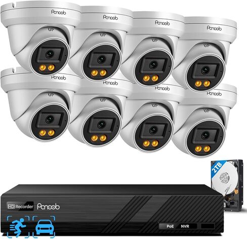 نظام كاميرا أمان 4K PoE، كاميرات برجية IP قبة 4X 8MP سلكية مع اكتشاف مركبة شخص AI للتسجيل المنزلي 24/7، ميكروفون مدمج، وصول عن بعد، 4K 8CH NVR 2TB HDD، PD94CA30408-8M in Kuwait