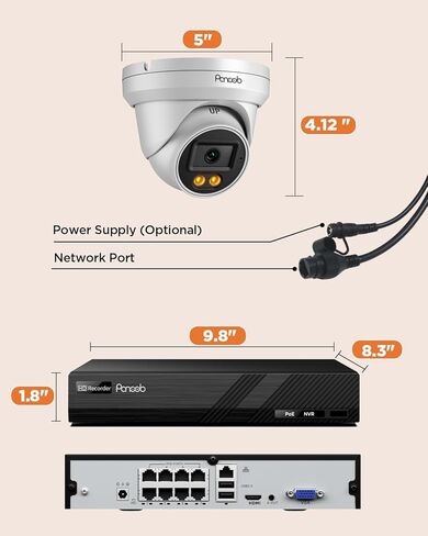 نظام كاميرا أمان 4K PoE، كاميرات برجية IP قبة 4X 8MP سلكية مع اكتشاف مركبة شخص AI للتسجيل المنزلي 24/7، ميكروفون مدمج، وصول عن بعد، 4K 8CH NVR 2TB HDD، PD94CA30408-8M in Kuwait