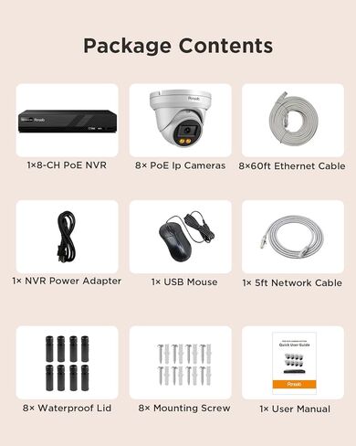 نظام كاميرا أمان 4K PoE، كاميرات برجية IP قبة 4X 8MP سلكية مع اكتشاف مركبة شخص AI للتسجيل المنزلي 24/7، ميكروفون مدمج، وصول عن بعد، 4K 8CH NVR 2TB HDD، PD94CA30408-8M in Kuwait