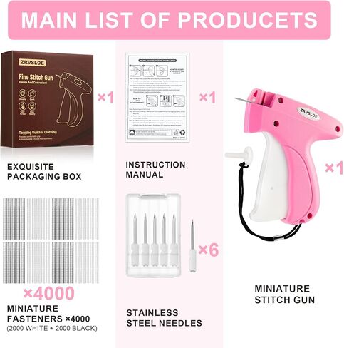 Stitch Gun for Clothes – Stitchy Tag Attacher Kit with 6 Needles & 4000 Fasteners (2000 Black + 2000 White), Clothing Price Tag Gun for Retail, Boutique & DIY (Pink/White) in Saudi Arabia