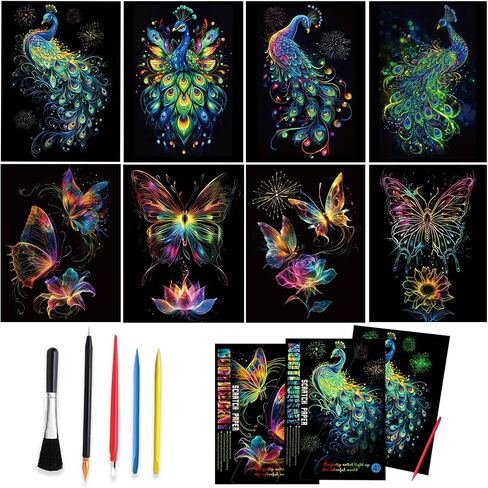 Scratch Art Adult 8 Sheets Rainbow Scratch Art DIY Craft Gift 5 Paint by Scratch Tools （ Butterfly & Peacock） in Saudi Arabia