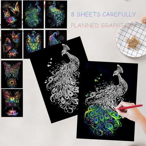 Scratch Art Adult 8 Sheets Rainbow Scratch Art DIY Craft Gift 5 Paint by Scratch Tools （ Butterfly & Peacock） in Saudi Arabia