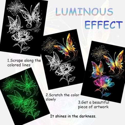 Scratch Art Adult 8 Sheets Rainbow Scratch Art DIY Craft Gift 5 Paint by Scratch Tools （ Butterfly & Peacock） in Saudi Arabia