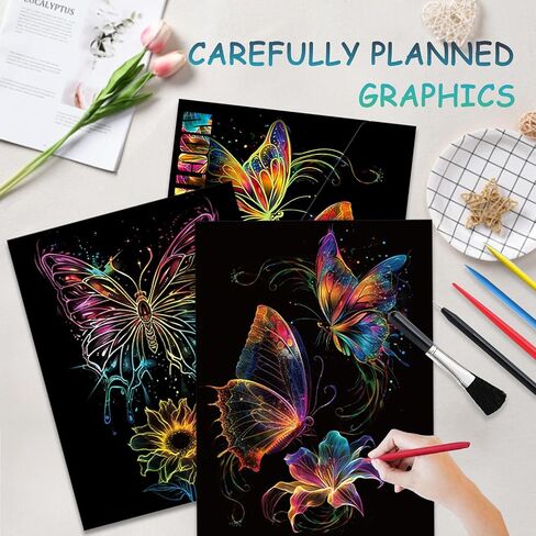 Scratch Art Adult 8 Sheets Rainbow Scratch Art DIY Craft Gift 5 Paint by Scratch Tools （ Butterfly & Peacock） in Saudi Arabia