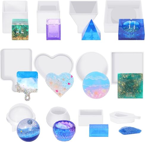 قوالب راتنج Kisrel Kit 12pcs ، قوالب راتنج الايبوكسي ، قالب الراتنج ، بما في ذلك المكعب ، حاوية القلم ، الهرم ، صينية ، حب ، جولة ، مربع ، كرات ، زهرة ، مكعب ، كريستال in Kuwait