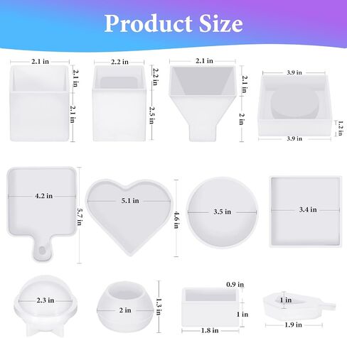 قوالب راتنج Kisrel Kit 12pcs ، قوالب راتنج الايبوكسي ، قالب الراتنج ، بما في ذلك المكعب ، حاوية القلم ، الهرم ، صينية ، حب ، جولة ، مربع ، كرات ، زهرة ، مكعب ، كريستال in Kuwait