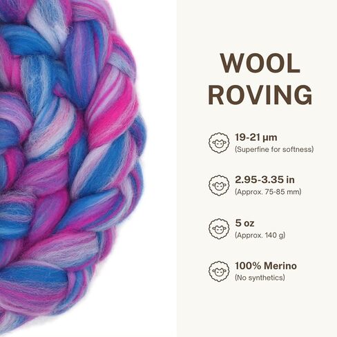 Dicha Fine Merino Wool-Roving-مصبوغ يدويًا في مزيج من الألوان المذهلة لتلبيس الإبرة ، والتلويح الرطب ، والغزل ، والنسج-ألياف مشط ناعمة-5 أوقية-حلم المحيط in Kuwait