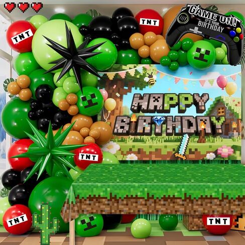 Pixel Game Birthday Party Decorations for Boys, Green Black Balloon Garland Kit with Backdrop, Tablecloth, Foil Stars & TNT Print Balloons, Fringe Curtain, Birthday Party decor Set in Saudi Arabia
