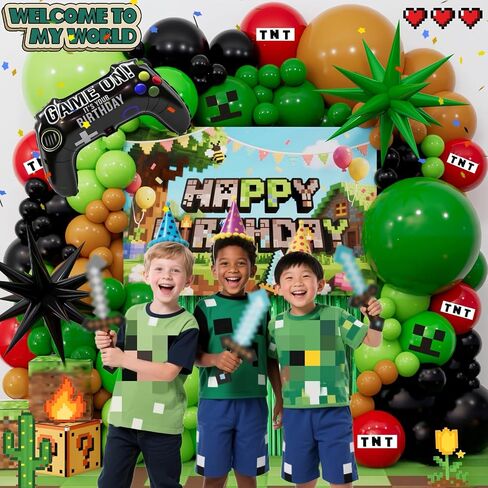 Pixel Game Birthday Party Decorations for Boys, Green Black Balloon Garland Kit with Backdrop, Tablecloth, Foil Stars & TNT Print Balloons, Fringe Curtain, Birthday Party decor Set in Saudi Arabia