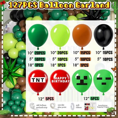 Pixel Game Birthday Party Decorations for Boys, Green Black Balloon Garland Kit with Backdrop, Tablecloth, Foil Stars & TNT Print Balloons, Fringe Curtain, Birthday Party decor Set in Saudi Arabia